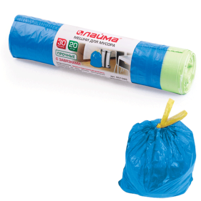 Мешки для мусора 30 л, завязки, синие, в рулоне 20 шт., ПНД, 12 мкм, 50х60 см (±5%), прочные, ЛАЙМА