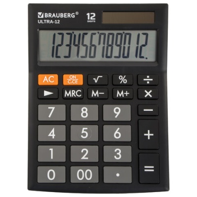 Калькулятор настольный BRAUBERG ULTRA-12-BK (192x143 мм), 12 разрядов, двойное пит., черный, 250491