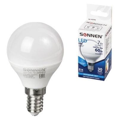 Лампа светодиод. SONNEN, 7 (60) Вт, цоколь Е14, шар, холод. белый свет, LED G45-7W-4000-E14, 453706