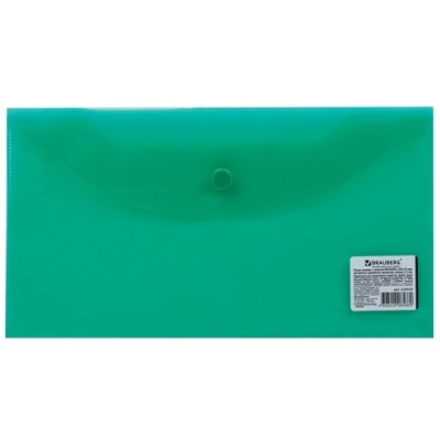 Папка-конверт с кнопкой BRAUBERG, 250х135 мм, прозрачная, зеленая, 0,15 мм, 224029