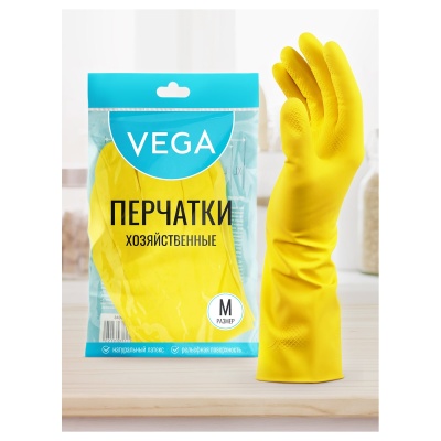Перчатки резин. хозяйственные Vega, многораз., х/б напыление, р. M, желтые, пакет с европодв. 299046