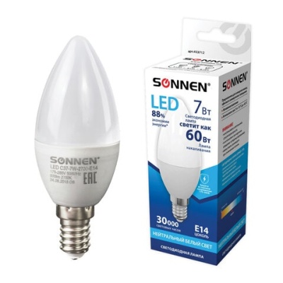 Лампа светодиодная SONNEN, 7 (60) Вт, Е14, 30000 ч, LED C37-7W-4000-E14, 453712