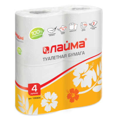 Бумага туалетная ЛАЙМА, 2-х слойная, спайка 4шт.х19м, белая, 126904