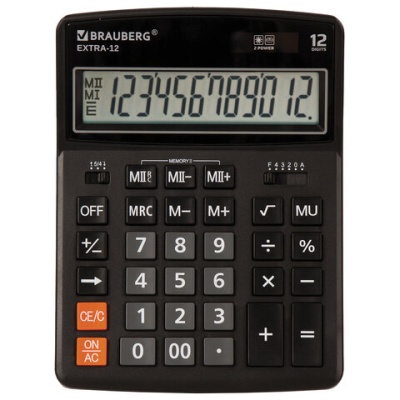 Калькулятор настольный BRAUBERG EXTRA-12-BK (206x155 мм), 12 разрядов, дв. пит., черный, 250481