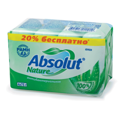 Мыло туалетное 300 г, ABSOLUT, комплект 4 шт.* 75 г, "Алоэ", антибактериальное, 6065
