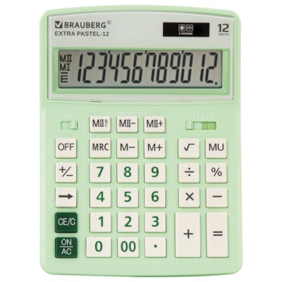 Калькулятор настольный BRAUBERG EXTRA PASTEL-12-LG (206x155 мм), 12 разр., дв. пит., мятный, 250488