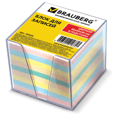 Блок для записей, BRAUBERG в подставке прозрачный, куб 9*9*9, цветной, 122225