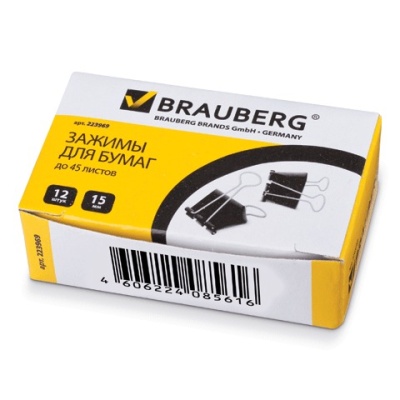 Зажимы для бумаг BRAUBERG, комплект 12 шт, 15 мм, на 45 л, черные, в картонной коробке, 223969