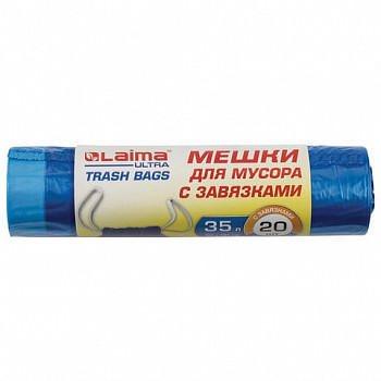 Мешки д/мусора с завяз. LAIMA "ULTRA" 35л, синие, рулон 20 шт., особо проч., 20мкм, 50х60см, 607689