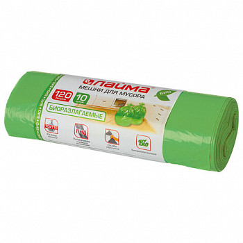 Мешки для мусора биоразлаг. 120 л, зеленые, в рулоне 10 шт., ПНД 17 мкм, 70х110 см, LAIMA, 601402