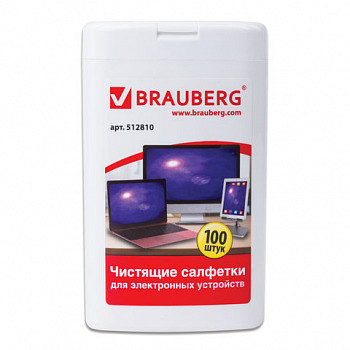 Чистящие салфетки для ноут. и оптич. поверхн. BRAUBERG, компактная туба 100 шт., влажные, 512810
