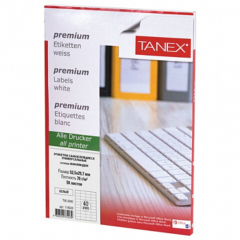 Этикетка самокл. 52,5х29,7 мм, 40 шт., белая, 70 г/м2, 50 л., TANEX, 114539, TW-2040