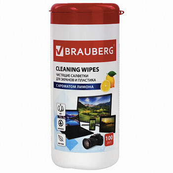 Салфетки для экранов всех типов и пласт. BRAUBERG с ароматом "ЛИМОН", туба 100 шт., влажные, 511688