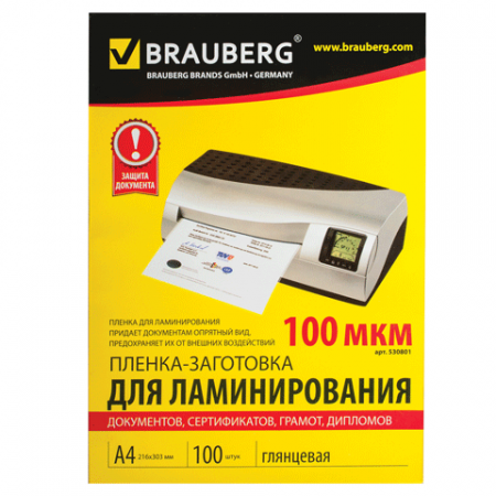 Пленка-заготовки д-ламинир-я BRAUBERG, КОМПЛЕКТ 100шт, для формата A4, 100мкм, 530801.png