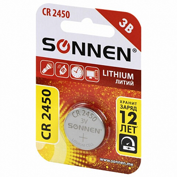 Батарейка литиевая CR2450 1 шт. SONNEN Lithium, в блистере, 455601