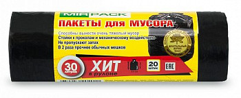 Мешки для мусора 30 л MIRPACK "ХИТ" черные (8 мкм, в рулоне 20 штук, 50х60 см) 30208042