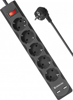 Сетевой фильтр Defender DFS 751 1,8 м, 5 розеток, 2xUSB, 2.1A [99751]