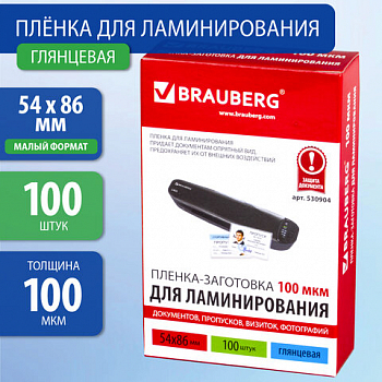 Пленки-заготовки для ламинир МАЛОГО ФОРМАТА (54х86 мм), КОМПЛЕКТ 100 шт., 100 мкм, BRAUBERG, 530904