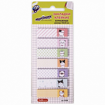 Закладки клейкие ЮНЛАНДИЯ "Котики", 45х12 мм, с печатью, 7 х 20 л., 111358