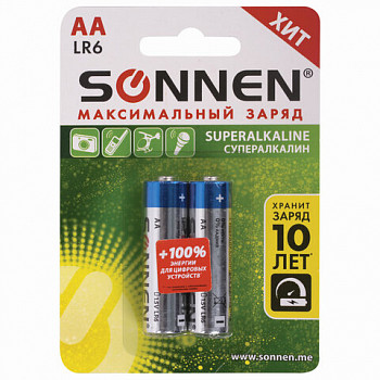 Батарейки КОМПЛЕКТ 2 шт., SONNEN Super Alkaline, АА(LR6,15А), алкалин., пальчик., в блистере, 451093