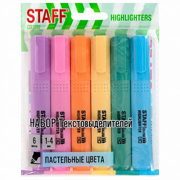 Набор текстовыделителей 6 ПАСТЕЛ. ЦВ., АССОРТИ, STAFF College "STICK PASTEL", скош. након., 152532