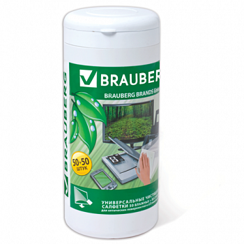 Чистящие салфетки BRAUBERG для LCD (ЖК) -мониторов, сухие и влажн. в тубе 50+50шт, 510121