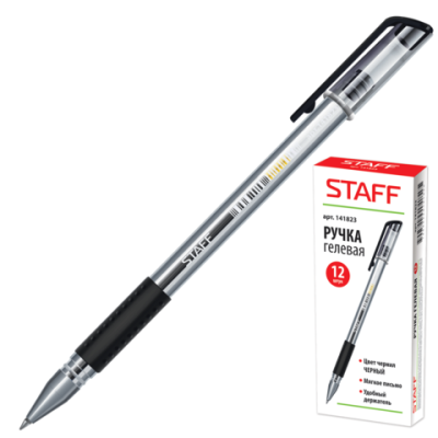 Ручка гелевая STAFF, ЧЕРНАЯ, узел 0,5 мм, линия письма 0,35 мм, 141823