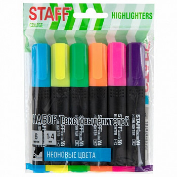 Набор текстовыделителей 6 НЕОН. ЦВЕТОВ, АССОРТИ, STAFF College "STICK NEON", линия 1-4 мм, 152534