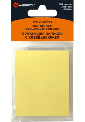 Бумага для заметок с клеевым краем 38*51 мм 100л желтая пастель LAMARK SN1110-YL
