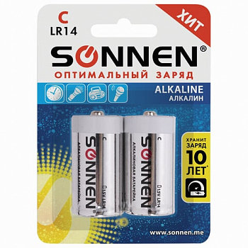 Батарейки КОМПЛЕКТ 2 шт., SONNEN Alkaline, С (LR14, 14А), 451090
