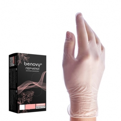 Перчатки виниловые BENOVY размер М, прозрачные, комплект 50 пар