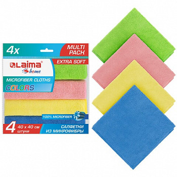 Салфетка из микрофибры 40х40 см "MULTI PACK PRO COLOUR 40", 4 шт., LAIMA, 607793