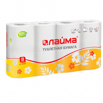 Бумага туалетная ЛАЙМА, 2-х слойная, спайка 8шт.х19м, белая, 126905
