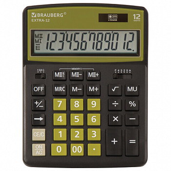 Калькулятор BRAUBERG EXTRA-12-BKOL (206x155 мм), 12 разр., двойное питание, ЧЕРНО-ОЛИВКОВЫЙ, 250471