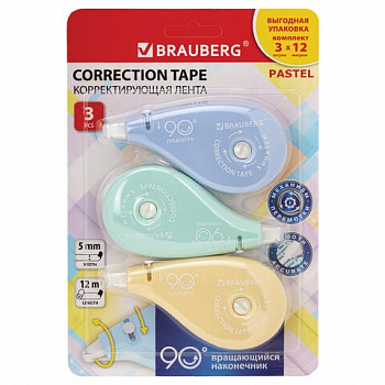 Корректирующая лента BRAUBERG PASTEL 5мм х 12м, вращ. након. 90°, 3 штуки, мех. перемотки, 272489