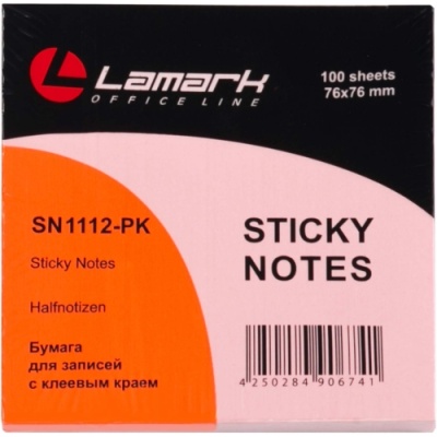 Бумага для заметок с клеевым краем 76*76мм 100л розовая пастель LAMARK SN1112-PK
