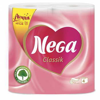 Бумага туалетная бытовая, спайка 4 шт, 2-х слойная (4х17,5 м), NEGA Classic ("Нега"), белая