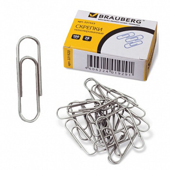 Скрепки BRAUBERG 28мм, никелированные, 100 шт, в картонной коробке, 221523
