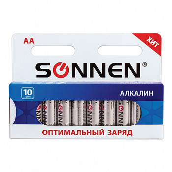 Батарейки SONNEN Alkaline, АА (LR06, 15А), алкалиновые, комплект 10 шт, в коробке, 451086 