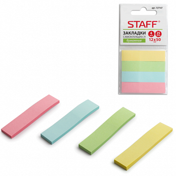 Закладки клейкие STAFF бумажные, 50*12 мм, 4 цв*25 листов, европодвес, 127147