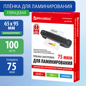 Пленки-заготовки МАЛОГО ФОРМАТА (65х95 мм), КОМПЛЕКТ 100 штук, 75 мкм, BRAUBERG, 531791