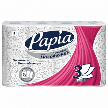 Полотенца бумажные быт., 4 шт., 3-слойные (4х11,2 м), PAPIA, 23x13 см, белые, 5062170