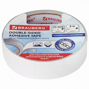 Клейкая двухсторонняя лента 25 мм х 8 м, ПОЛИПРОПИЛЕНОВАЯ, BRAUBERG, 606425
