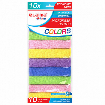 Салфетка из микрофибры 30х30 см "MULTI COLOUR ECONOMY PACK 10", КОМПЛЕКТ 10 шт., LAIMA HOME, 607794