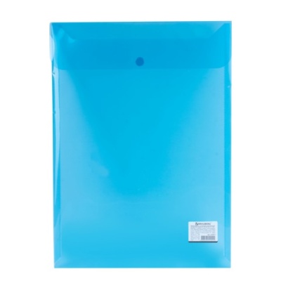 Папка-конверт с кнопкой BRAUBERG, А4, вертикальная, прозрачная, синяя, до 100 л., 0,15 мм, 224977