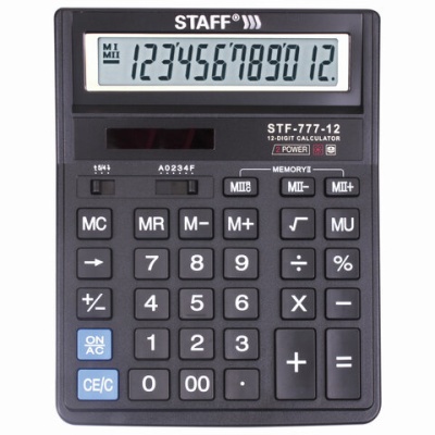 Калькулятор настольный STAFF STF-777, 12 разрядов, двойное питание, 210x165 мм, черный 250458