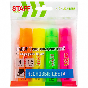 Набор текстовыделителей 4 НЕОН. ЦВЕТА, STAFF "EVERYDAY HL-707", линия 1-5 мм, скош. након., 152548