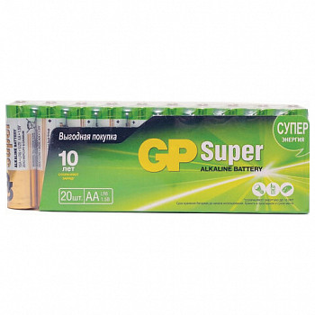 Батарейки GP Super, AA (LR6, 15А), алкалин., пальчик., комплект 20 шт., 15A-2CRVS20, 15A-2CRVS20