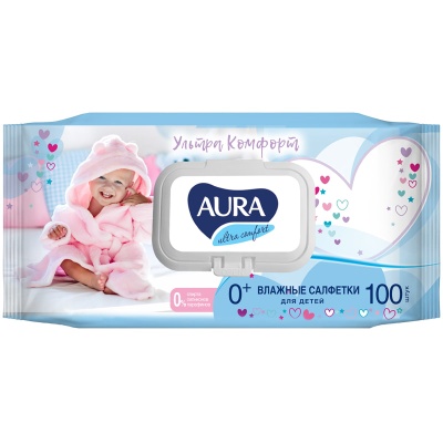 Салфетки влажные Aura "Ultra comfort", 100шт., детские, очищающие, без спирта, клапан 8109