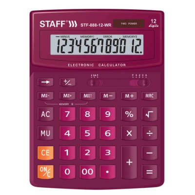 Калькулятор STAFF настольный STF-888-12-WR, 12 разр., двойное питание, бордовый, 200х150 мм, 250454